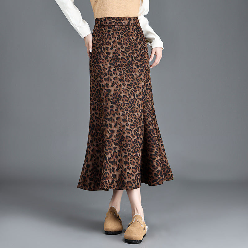 Women's Waist Slimming Leopard Print Mid-length Fishtail Temperament Dress Skirts