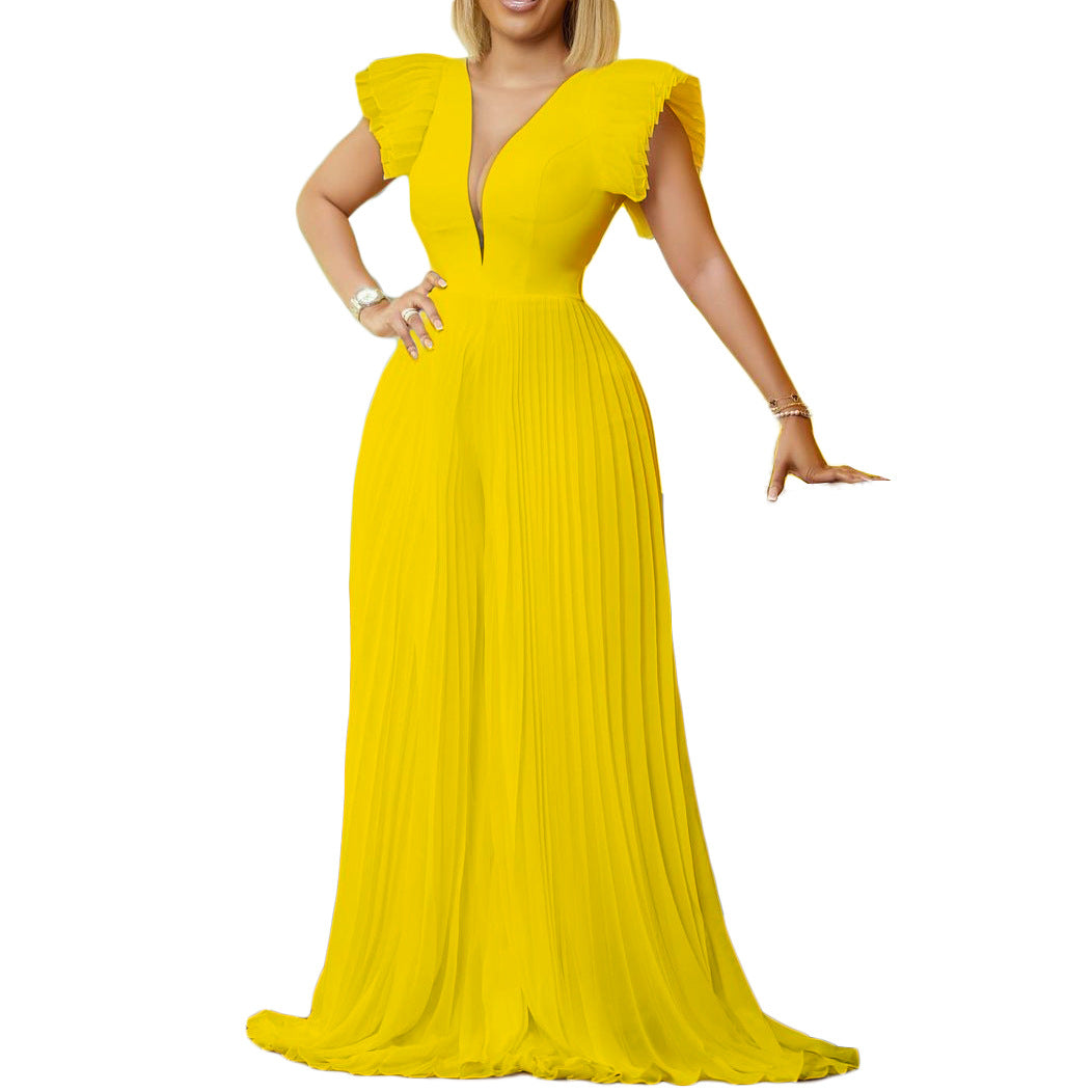 Fei Flounced Sleeve Elegant Pleated Stitching Deep Jumpsuits