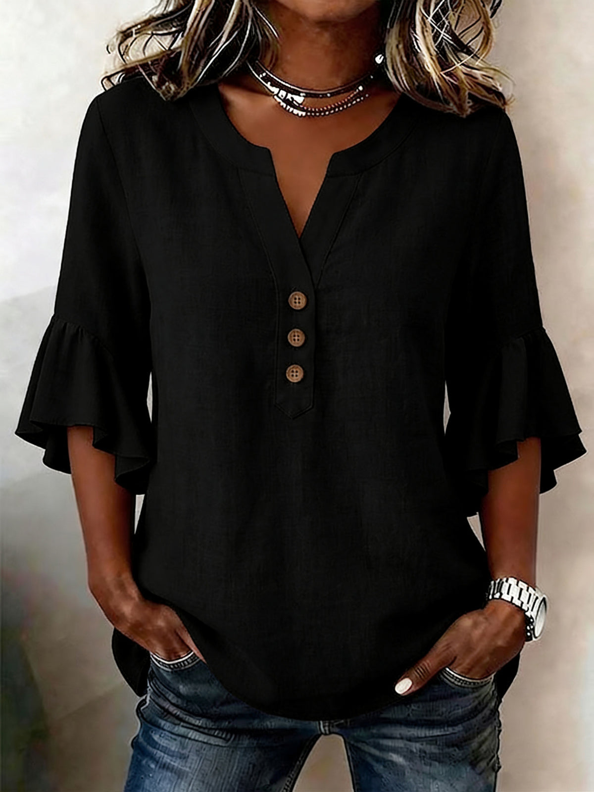 Women's Cotton Linen French Style Gentle Bell Sleeve Loose Casual Shirt Blouse