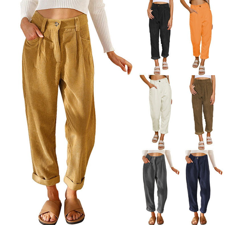 Women's Autumn High Waist Solid Color Corduroy Loose Pants