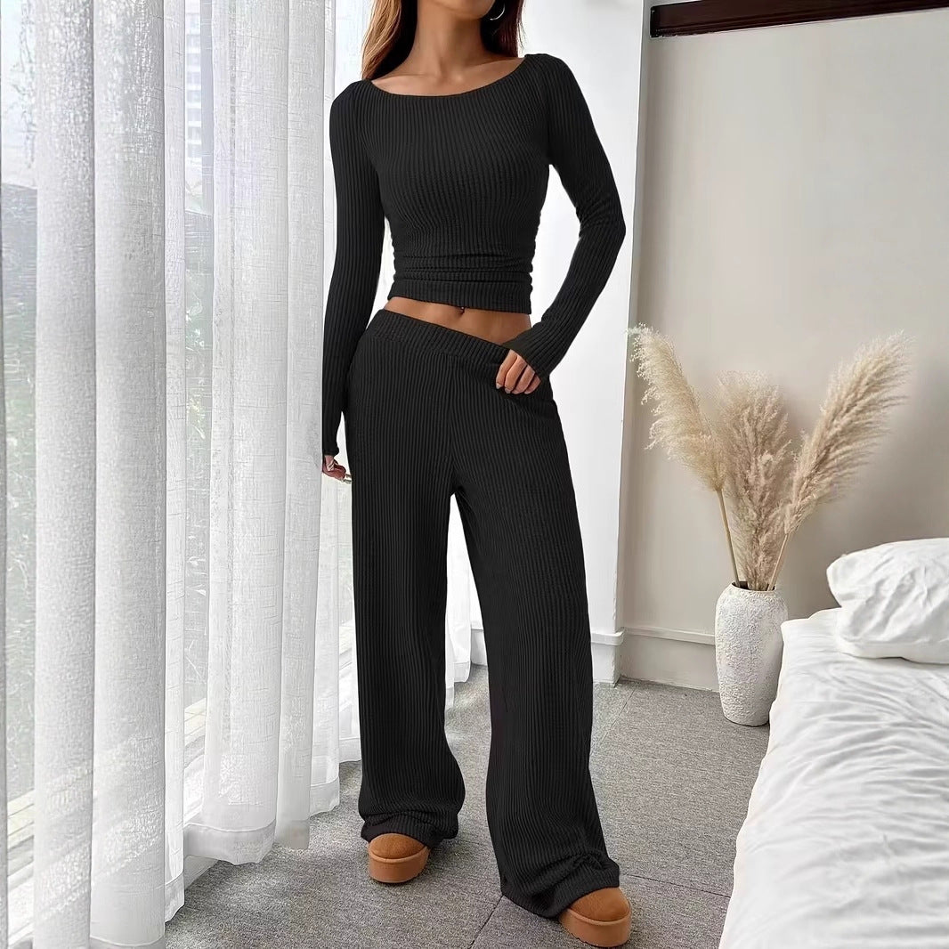 Women's Solid Color Elegant Two-piece Round Neck Pants