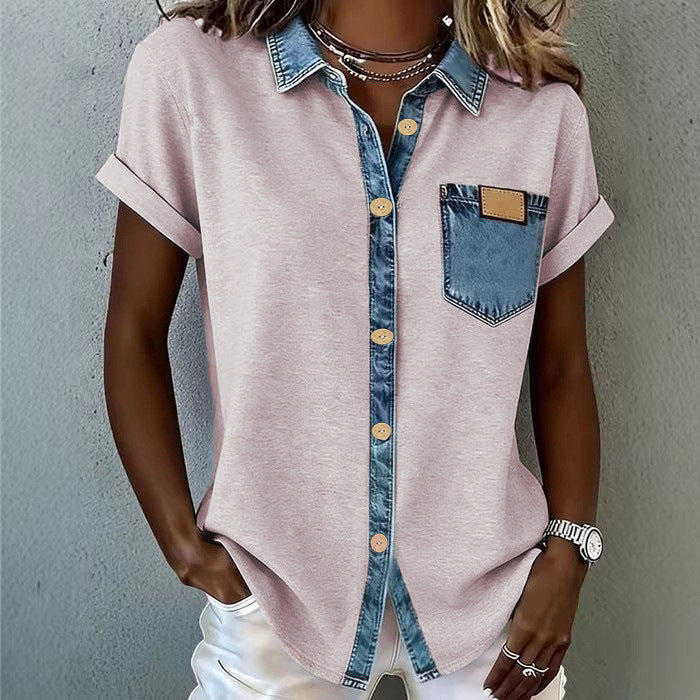 Women's Vintage Casual Pocket Stitching Lapel Sleeve Blouses