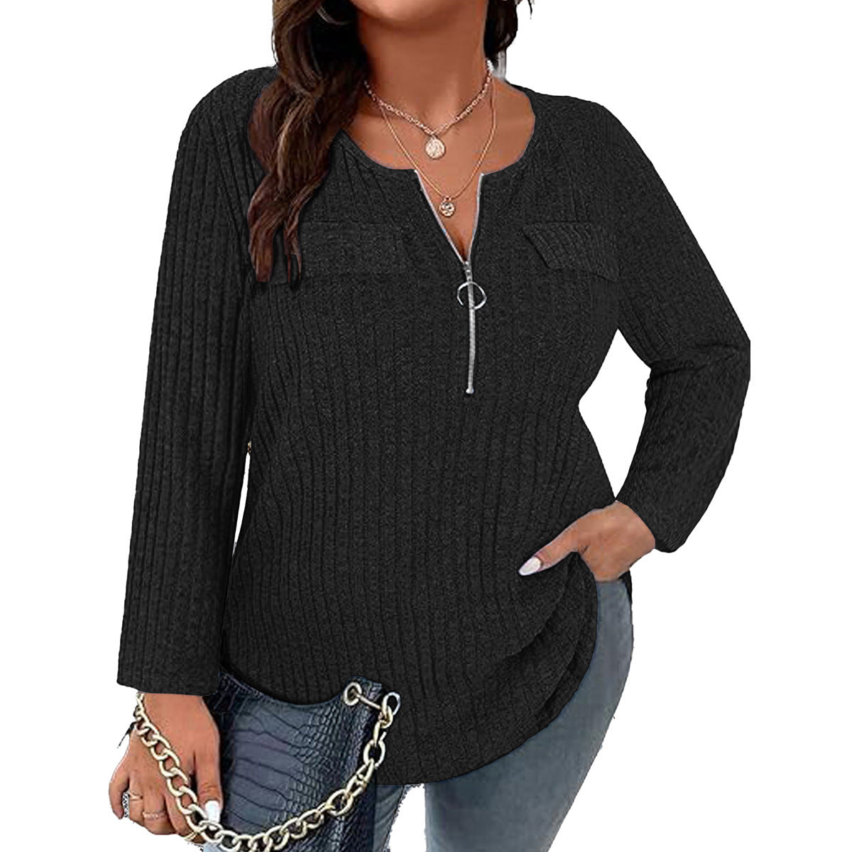 Cool Women's Casual Long Sleeve Zipper Large Size T-shirt
