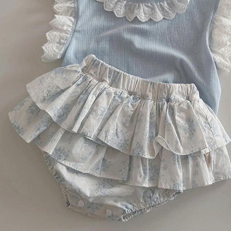 Short Sleeves Floral Bloomer With Skirt Korean Cute Children's Suit