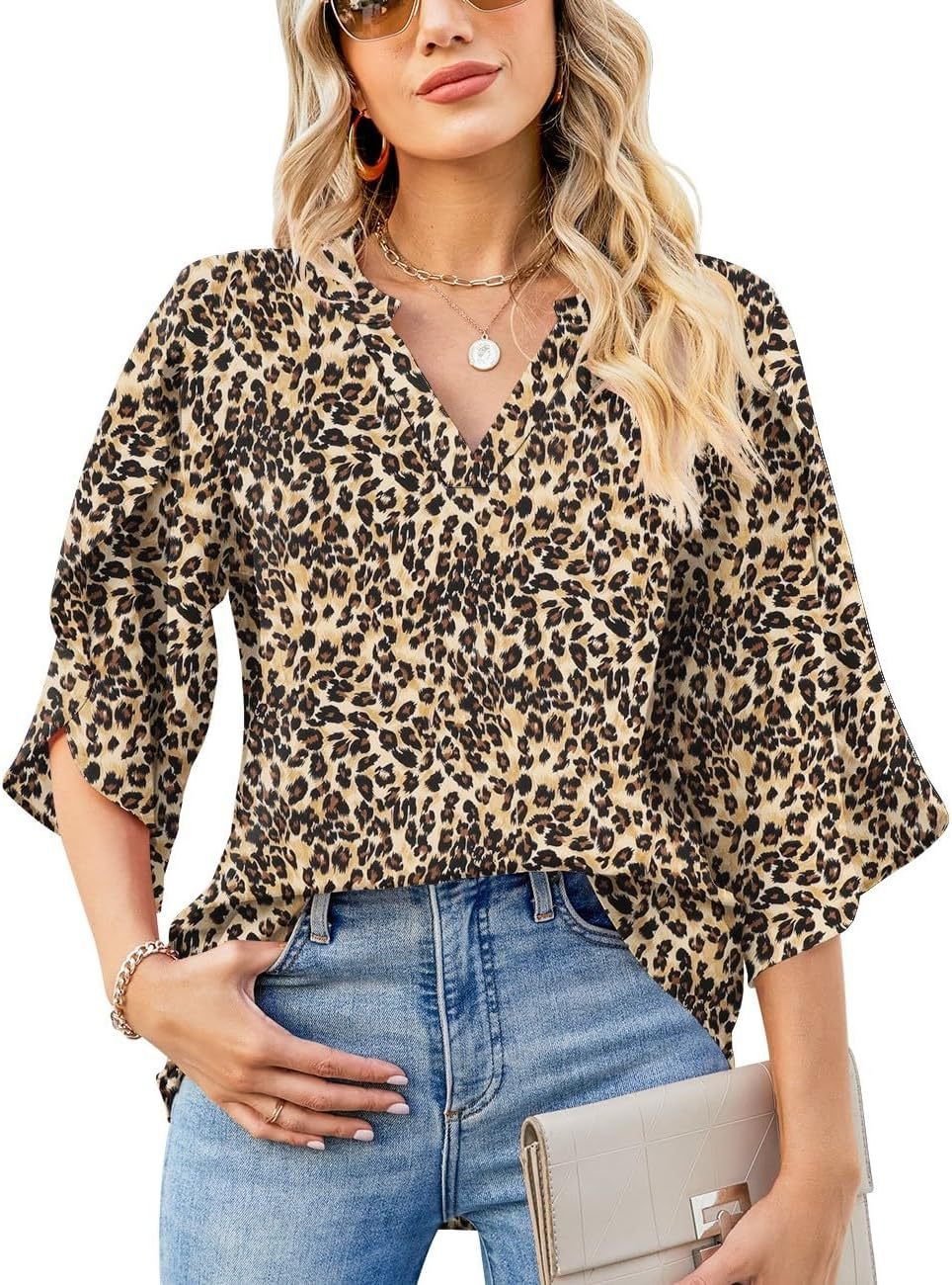 Glamorous Women's Printed Loose Petal Sleeve Lace Shirt, Chiffon Shirt