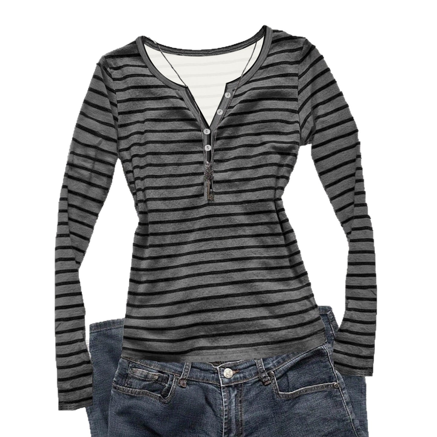 Women's Striped Long-sleeved Casual Slim Fit Slimming Korean Style Women's T-shirt