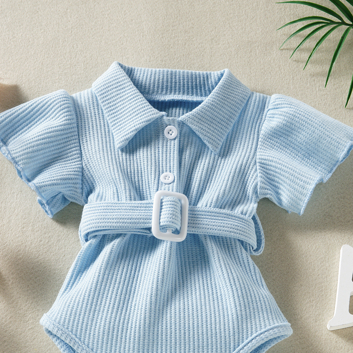 Waffle Flounced Sleeve Lead Open Chest One-piece Belt Romper Breathable Jumpsuit, Climbing Suit
