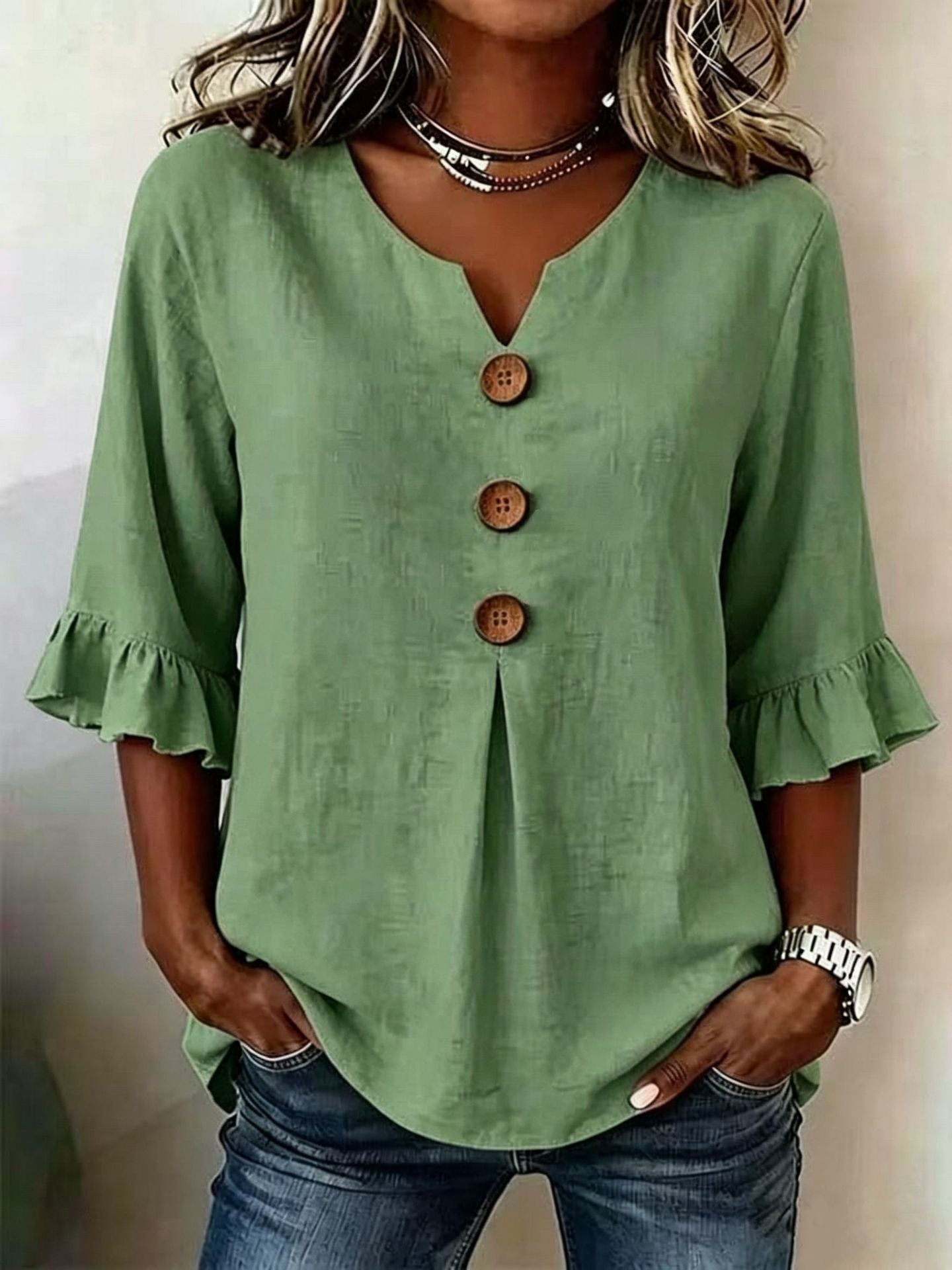 Women's Summer Buttons Ruffled Half Sleeves Loose Blouses
