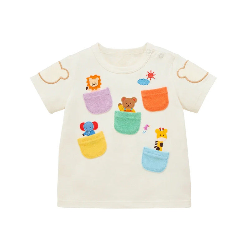 Children's Boys Cartoon Bear Zoo Pocket Short Children's T-shirt