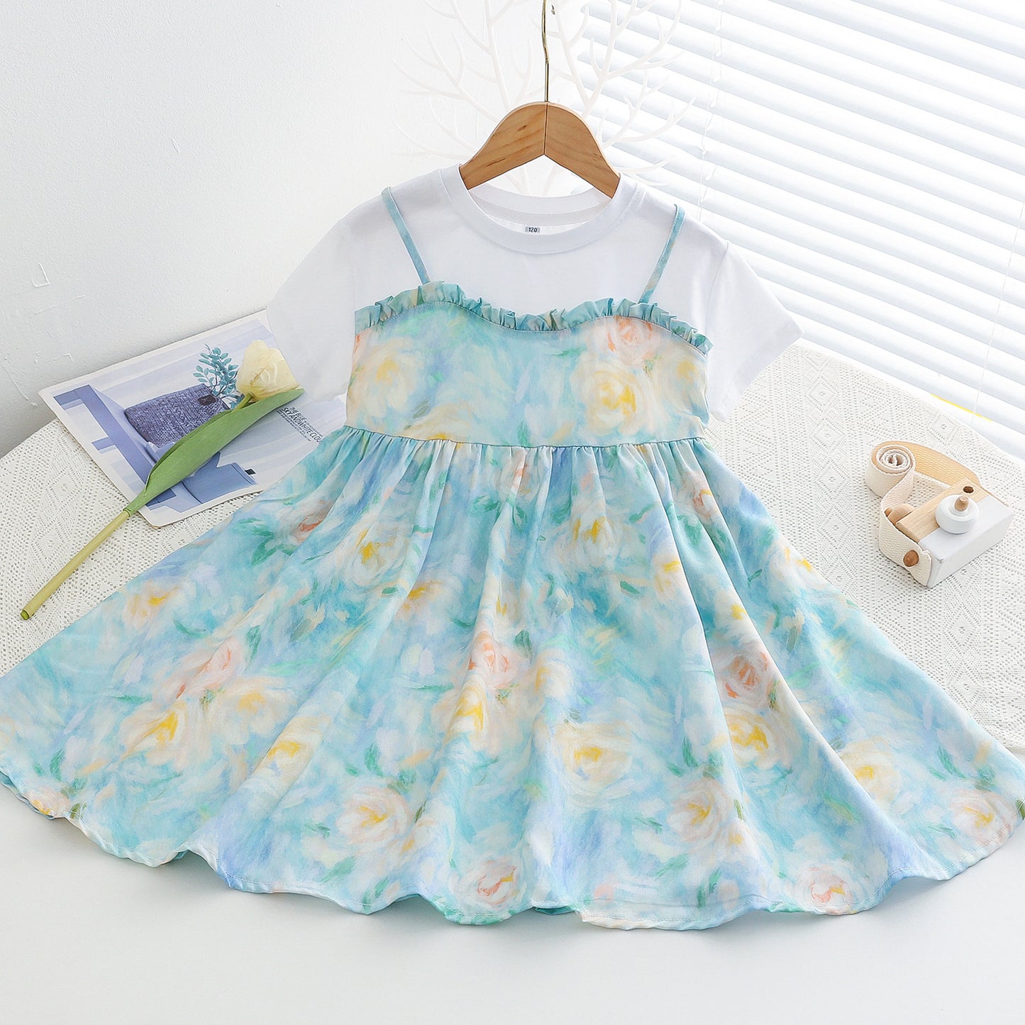 Children's Large Cotton Silk Short Sleeve Fake Two Pieces Artificial Summer Children's Dress