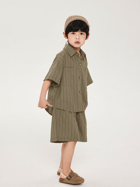 Children's Summer Cotton Linen Striped Shirt Short Sleeve Children's Suit