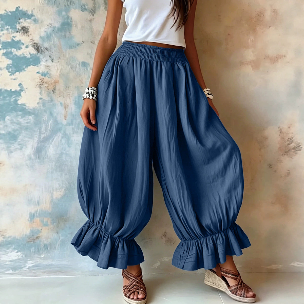 Women's Summer Loose Cotton Linen Ruffled Bloomers Casual Pants