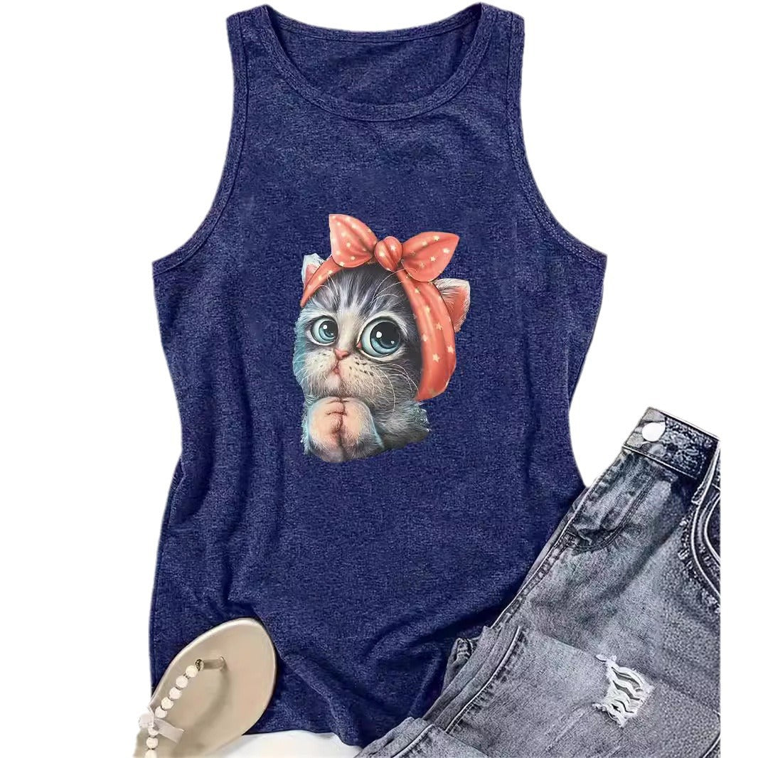 Women's Cat Printing Round Neck Casual Sleeveless Small Vest/suspenders/tube Top