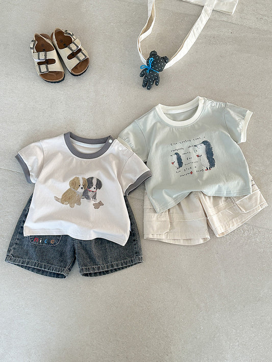 Summer Contrast Color Neckline Cartoon Print Short Sleeve Infant Versatile Children's T-shirt