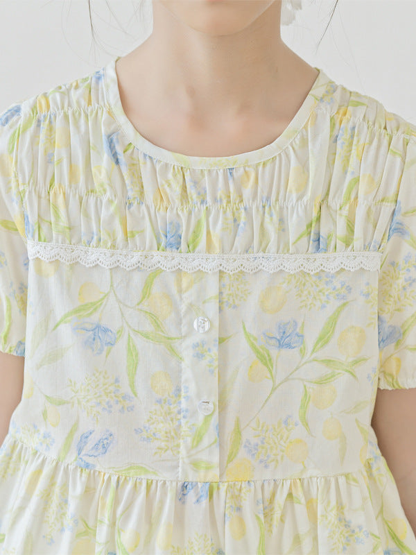 Floral Skirt Summer Bubble Sleeve Mid-length Printed Children's Dress