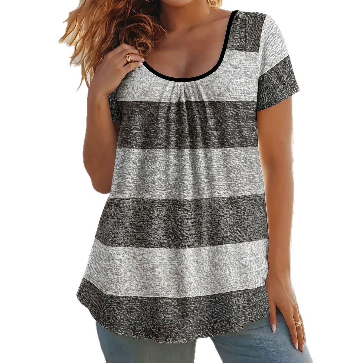 Women's Front Chest Pleated Elegant Sleeve Color Large Size T-shirt