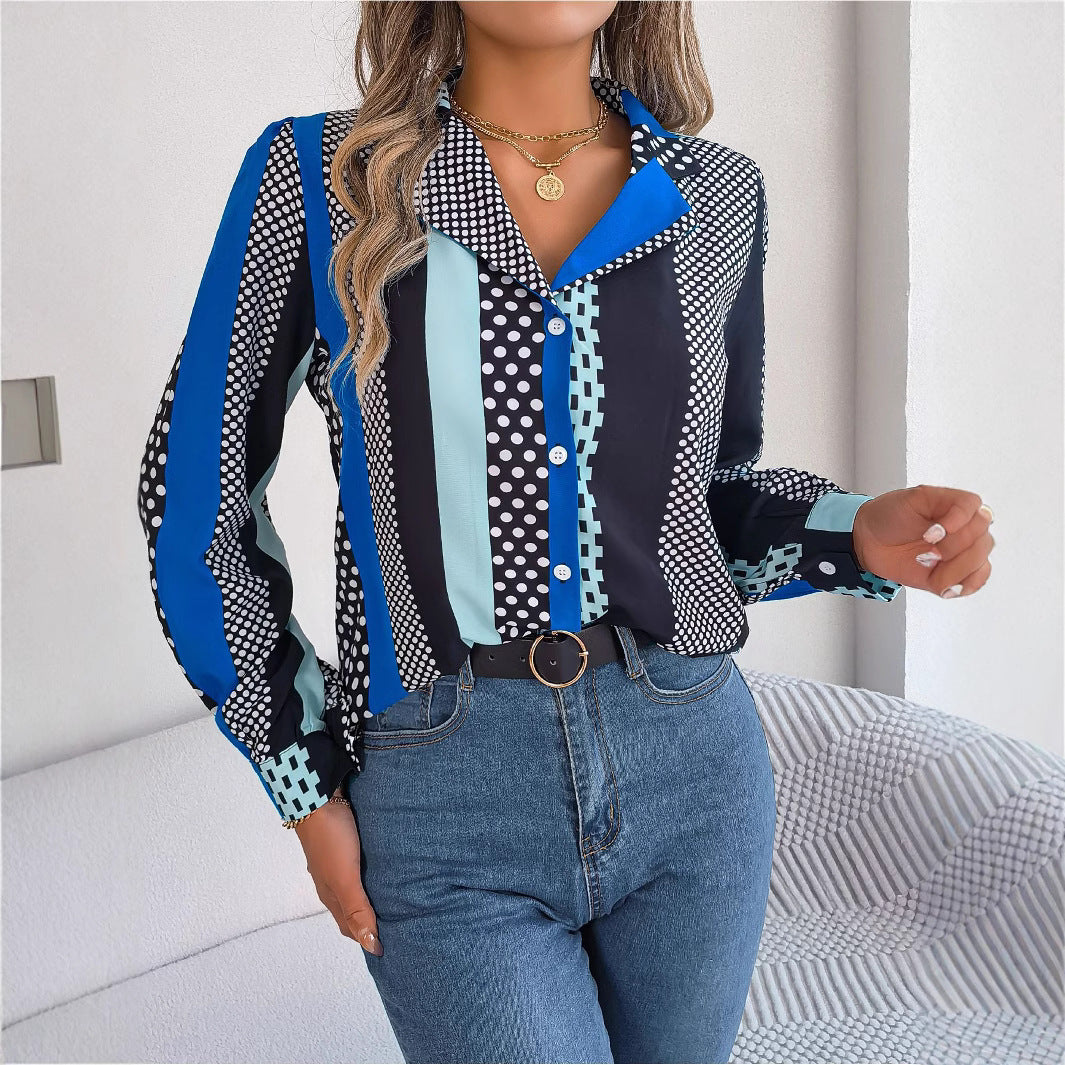 Women's Clearance Commuting Elegant Contrast Color Polka Lace Shirt, Chiffon Shirt