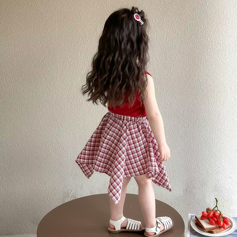 Children's Korean Style Western Skirt Medium Big Summer Short Vest Tartan Children's Suit