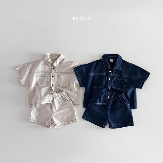 Children's Korean Style Summer Clothing Boys Trendy Soft Denim Bright Line Children's Suit