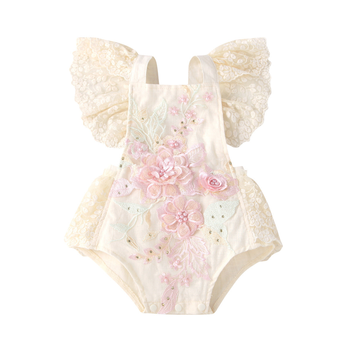 Children's Short Lace Mesh Flounced Sleeve Embroidered Pearl River Delta Jumpsuit, Climbing Suit