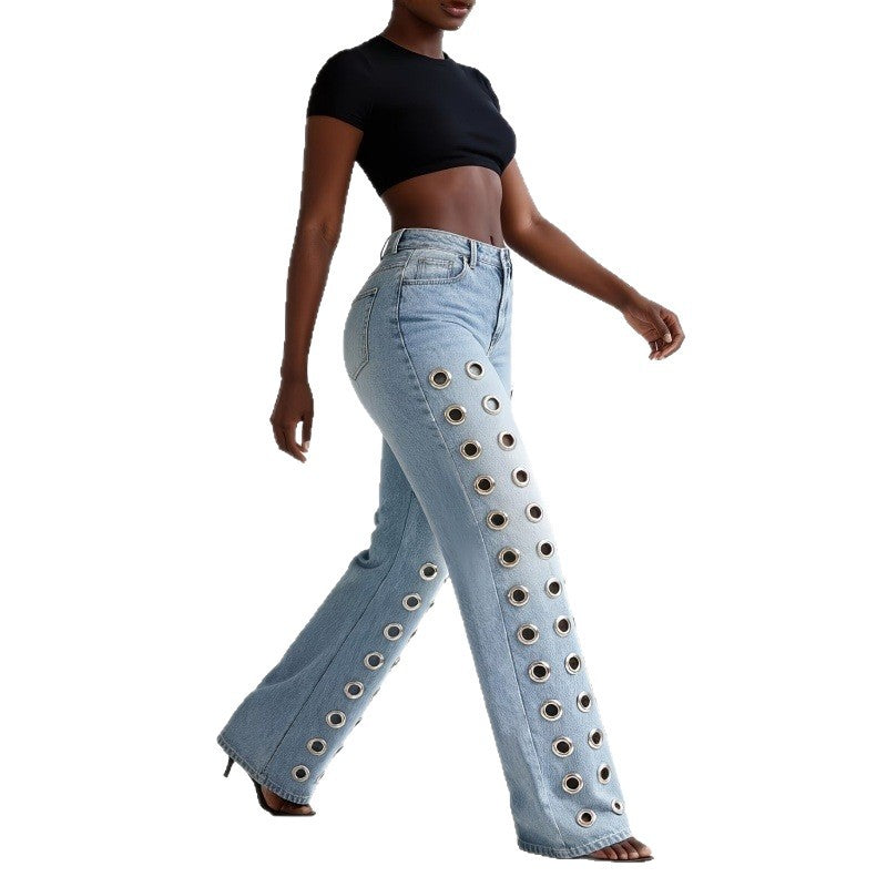 Women's Waist Metal Hollow Design Washed Straight Women's Jeans