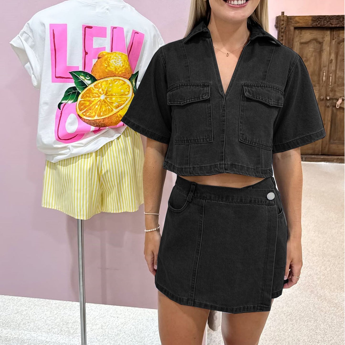 Double Breasted Pullover Denim Shirt High Shorts