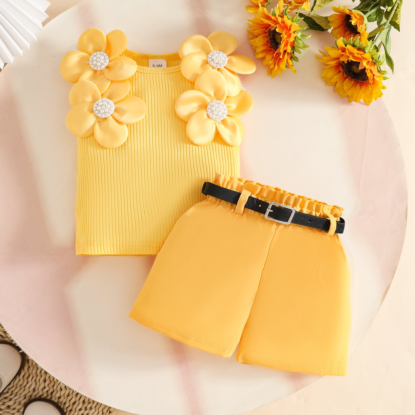 Sleeveless Big Flower Sunken Stripe Top Belt Children's Suit