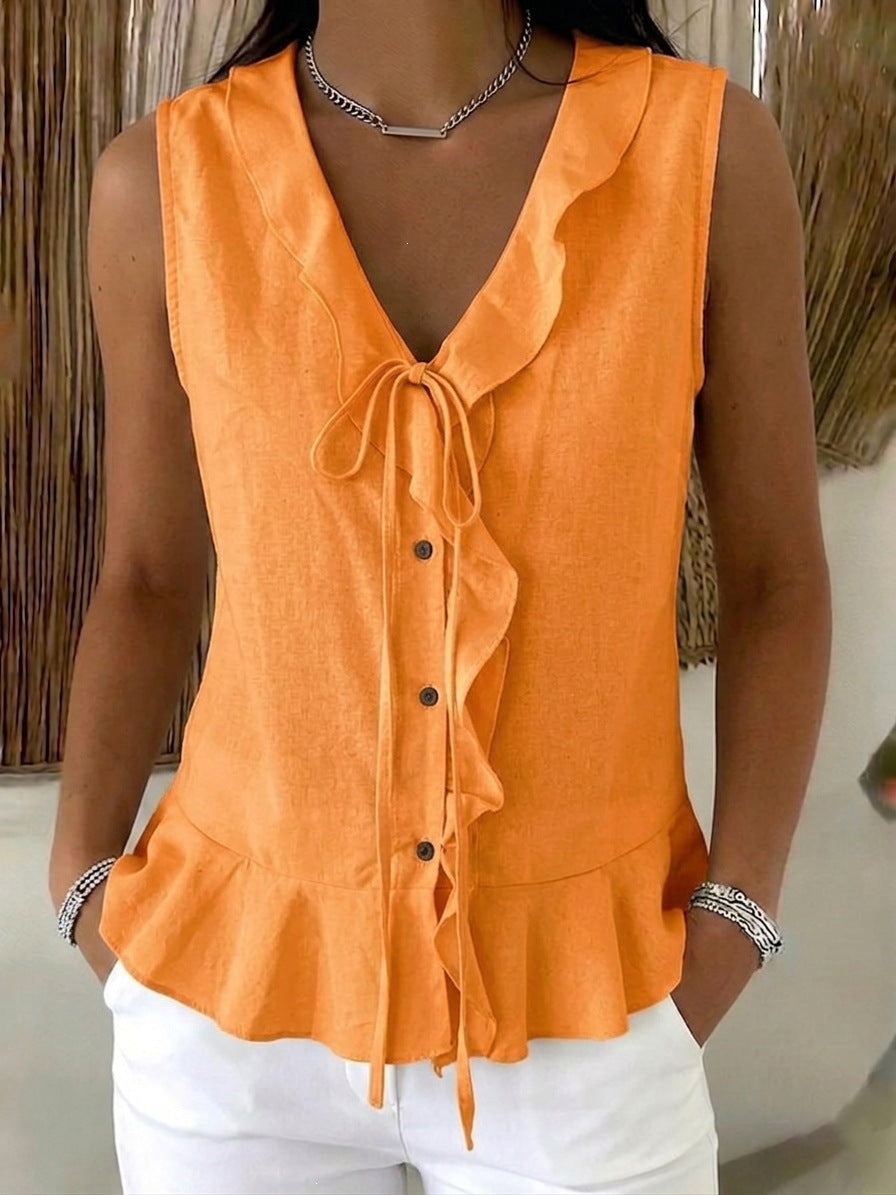 Women's Collar Ruffled Tied Sleeveless Hem Ruffles Women's T-shirt