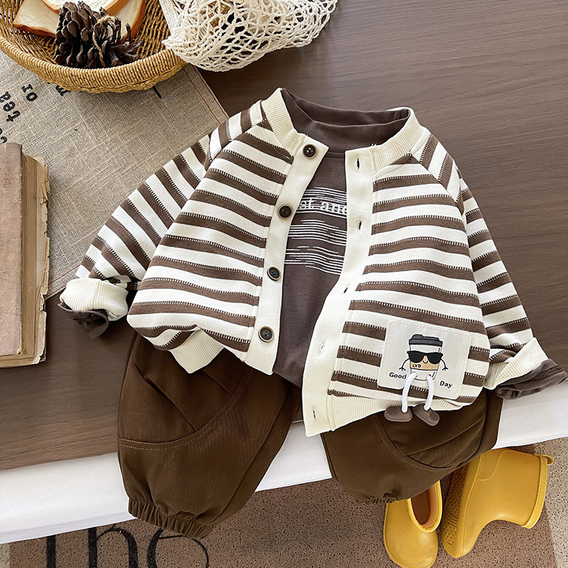 Fashionable Spring Clothing Striped Cardigan Three-piece Children's Suit