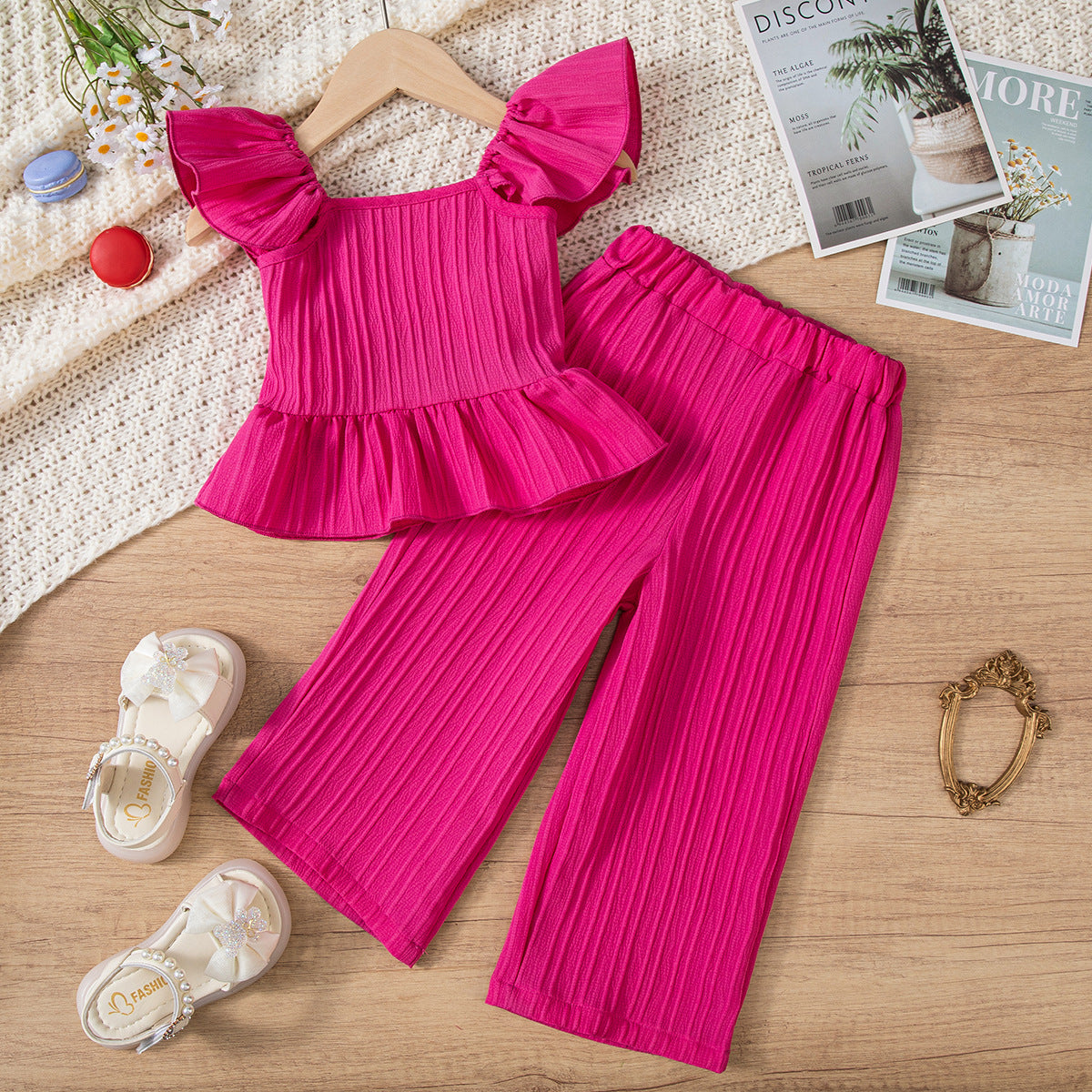 Shirt Flying Sleeve Top Solid Color Texture Children's Suit