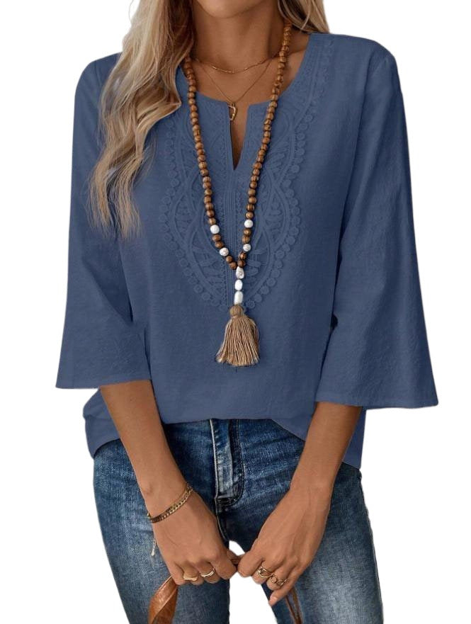 Women's Shirt Lace Trim Solid Color White Blue Blouse