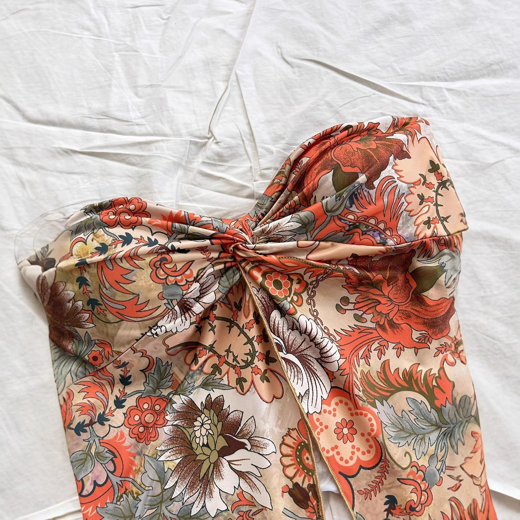 Printed Asymmetric Hem Vacation Style Wrapped Small Vest/suspenders/tube Top