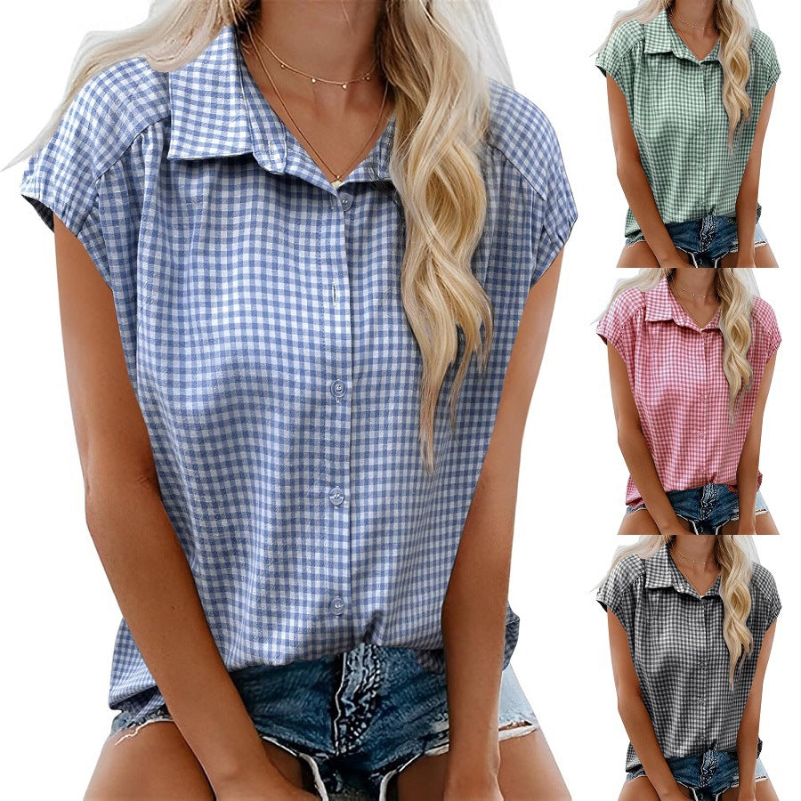 Women's Summer Button Short-sleeved Shirt Lapel Casual Blouse
