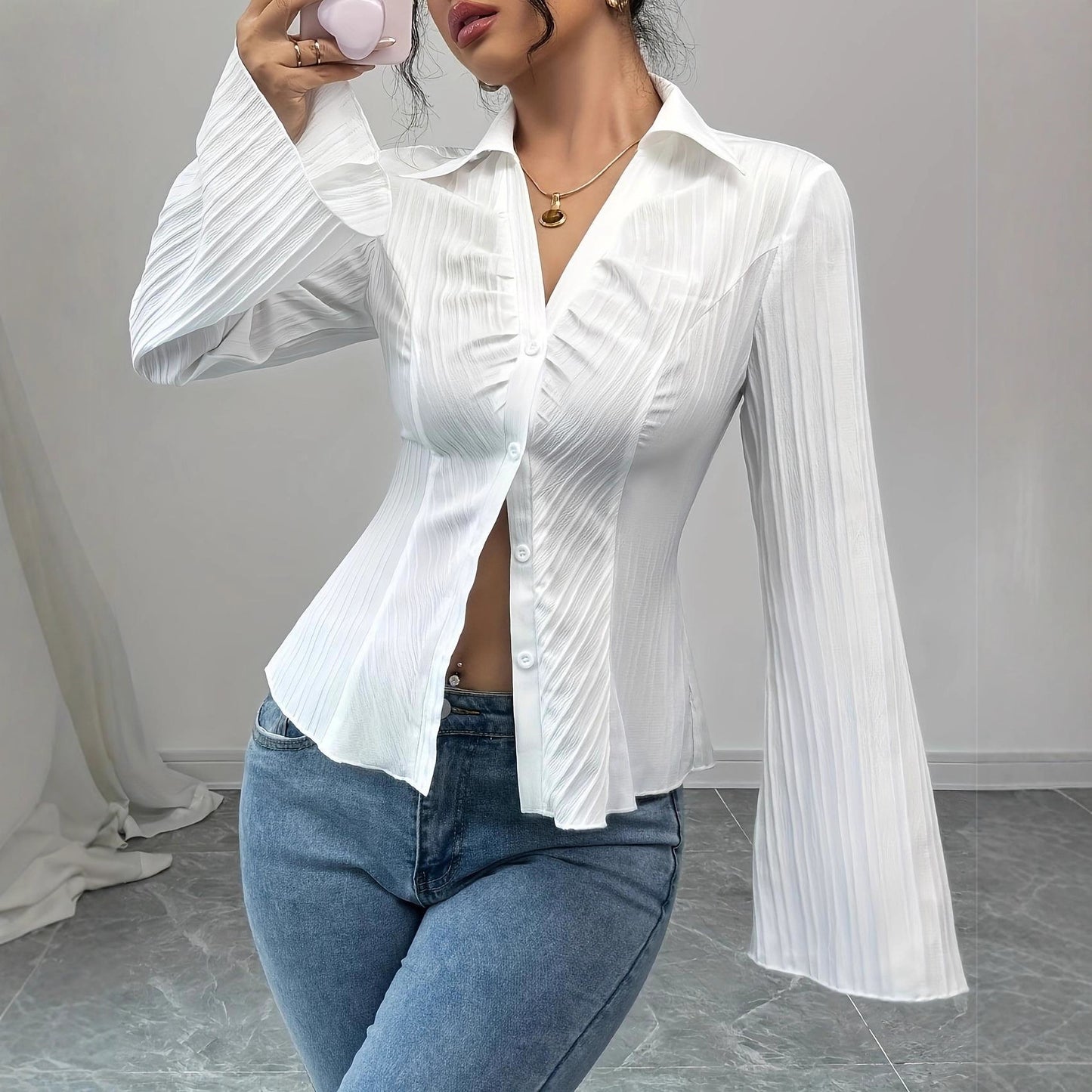 Women's European Elegant Single-breasted Solid Color Striped Blouse