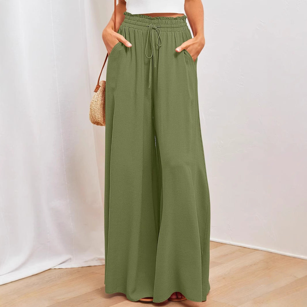 Women's Elastic Waistband Wide Leg High Waist Long Pants