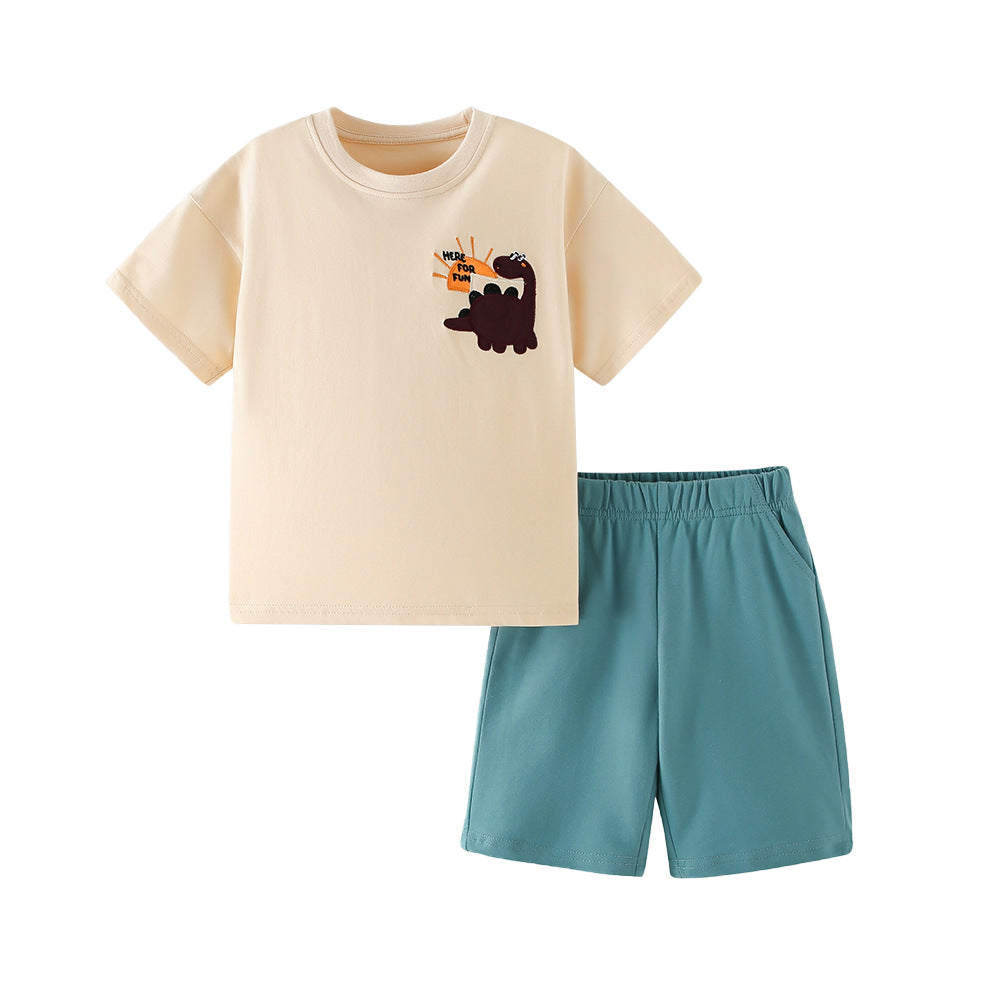 Children's Short-sleeved Cartoon Dinosaur Round Neck Embroidered Children's Suit