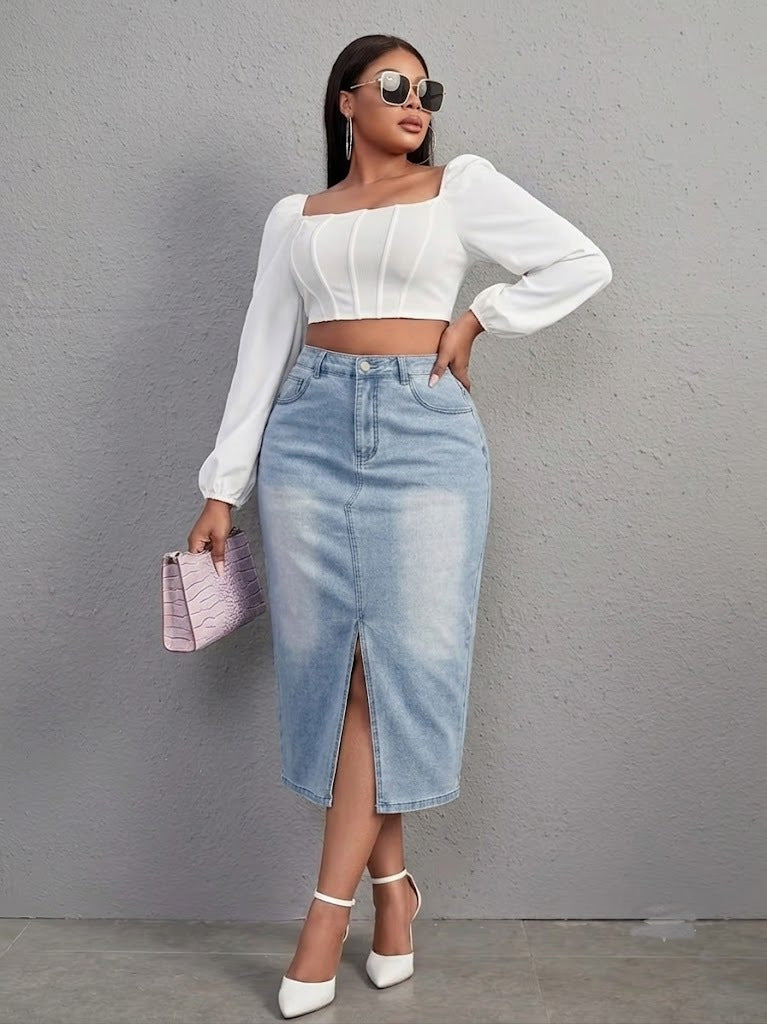 Large High Waist Front Slit Denim Retro Skirt