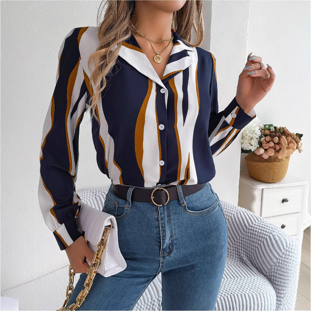Women's Versatile Contrast Color Striped Collar Long Lace Shirt, Chiffon Shirt