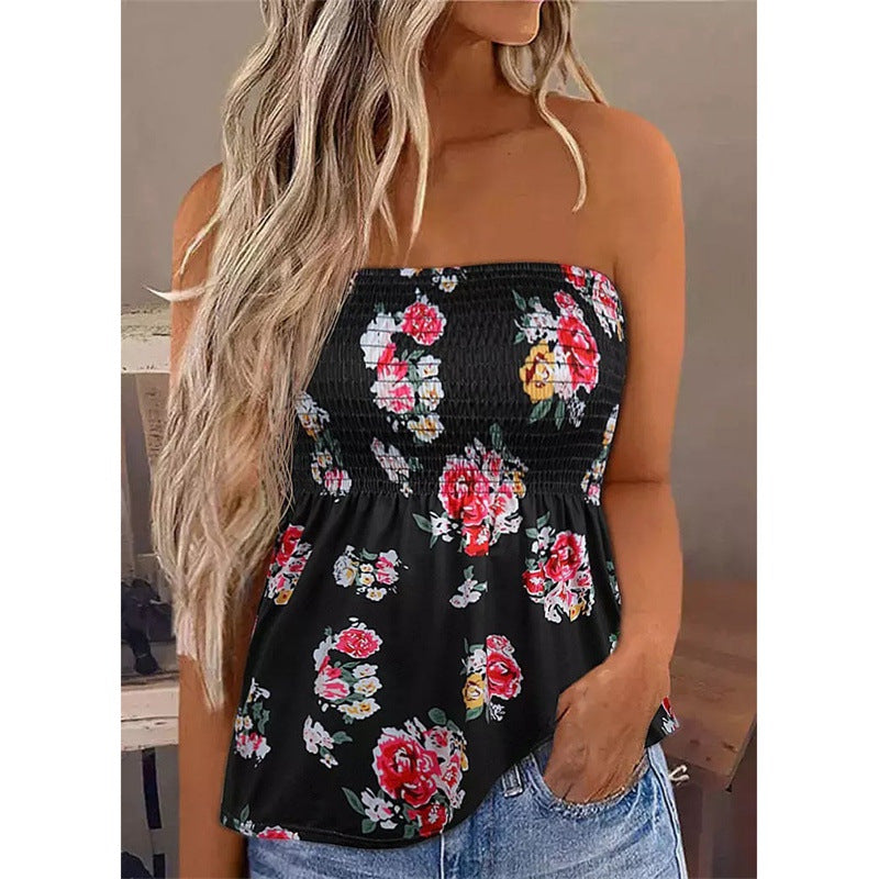 Women's Sleeveless Flower Printed Sexy Strapless Tube Pleated Slim Fit Skinny Small Vest/suspenders/tube Top