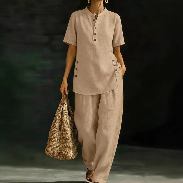 Button Shirt Wide Leg Linen Two-piece Fashion Casual Suit