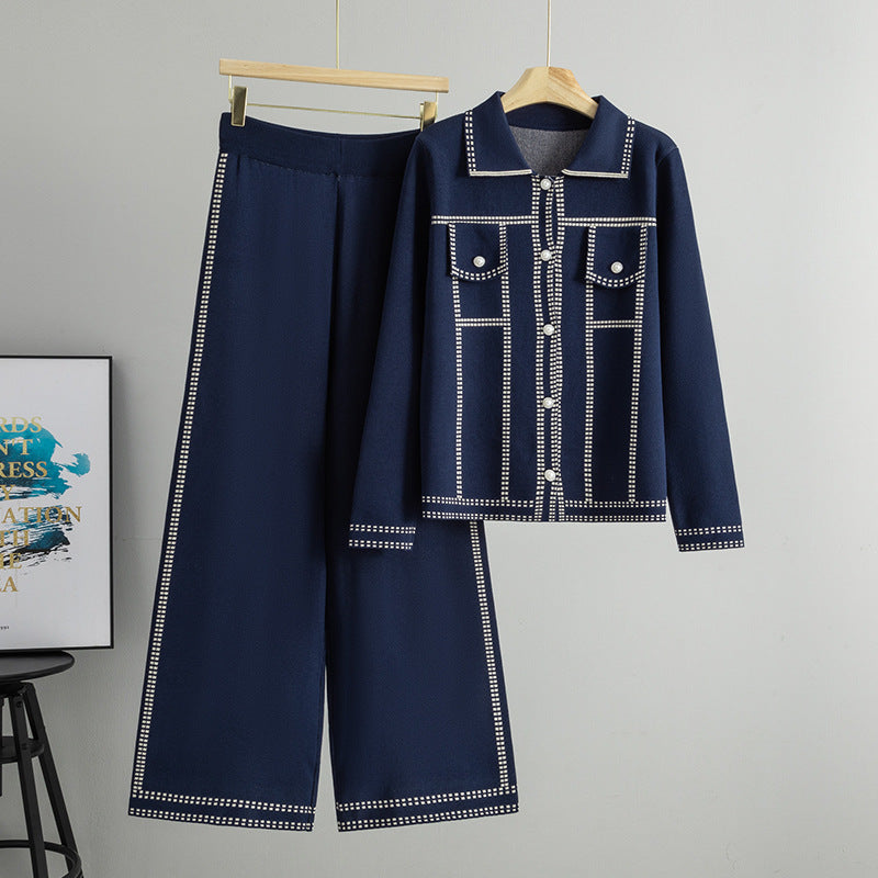 Women's Knitted Long Sleeve Plaid Loose Trousers Two-piece Fashion Casual Suit