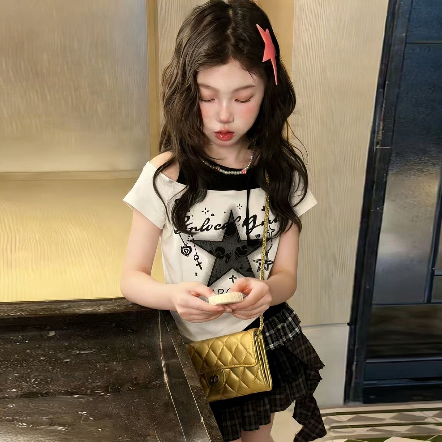 Children's Summer Fried Street Thin Short Sleeve Lace Tartan Children's Suit