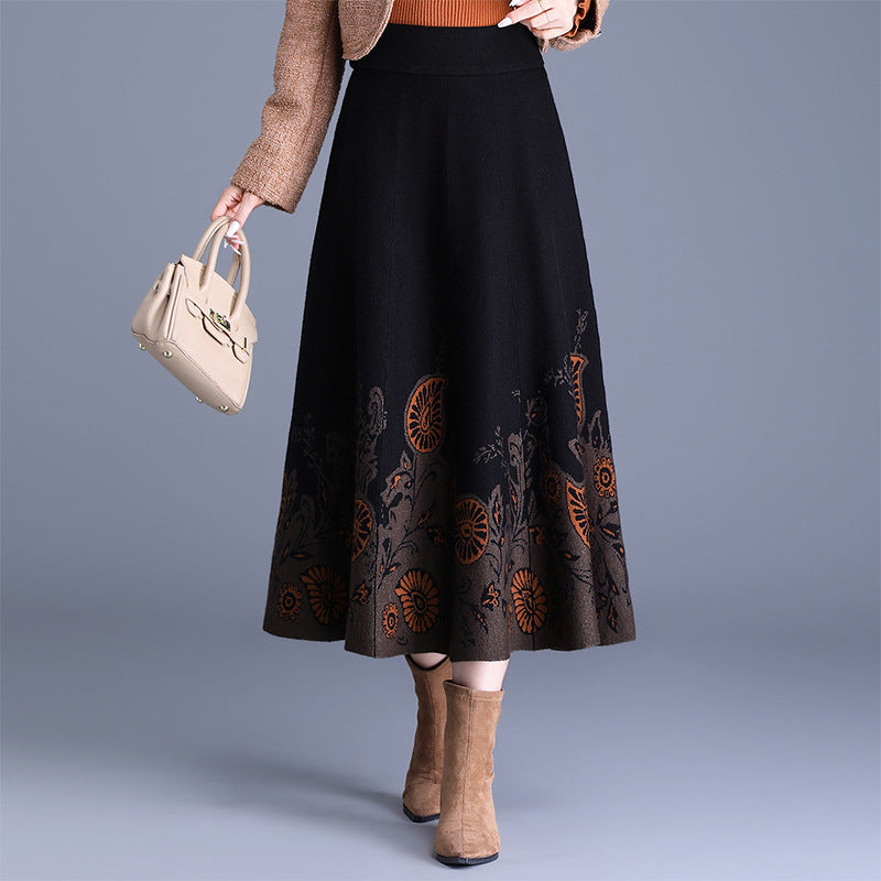 Women's Ethnic Fashion Wear Wool Thick Jacquard Midi Skirt