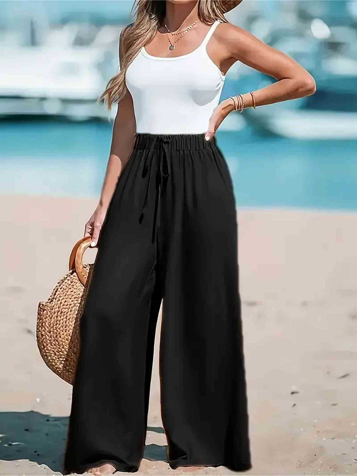 Women's Wide Leg Leisure Loose Drawstring Fashionable Casual Pants