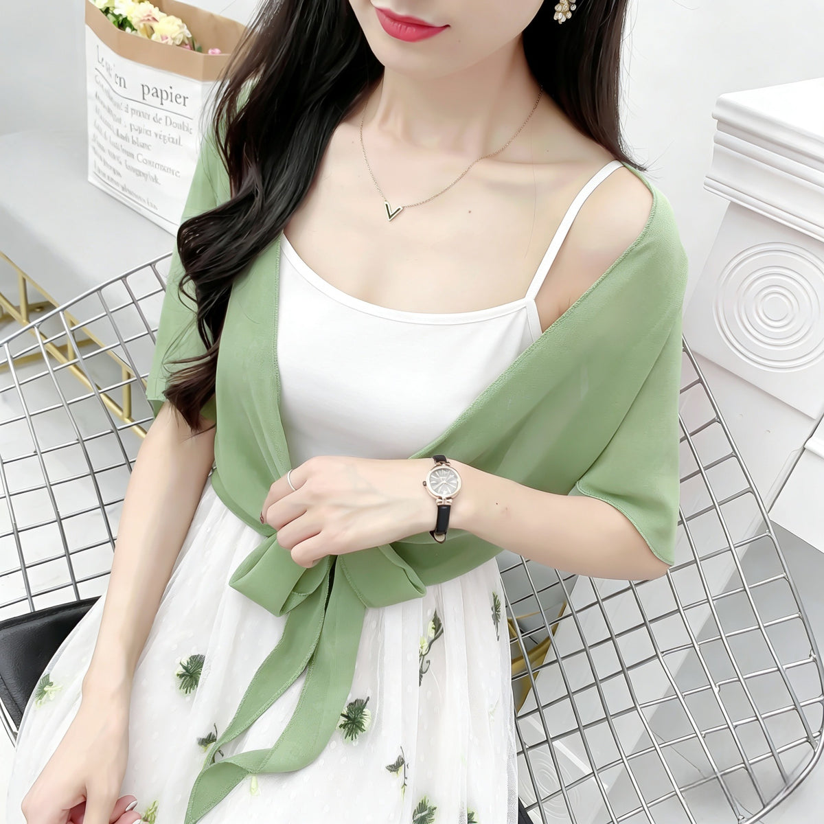 Women's Fashionable Outer Wear Shawl Summer Matching Lace Shirt, Chiffon Shirt