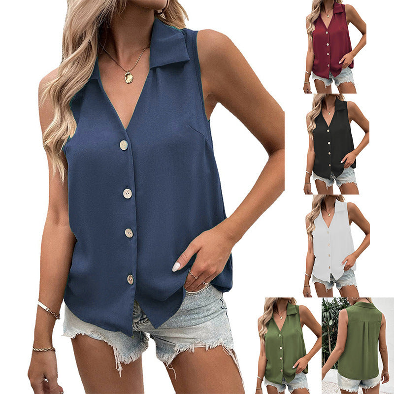Women's Summer Solid Color Loose Sleeveless Button Clothing