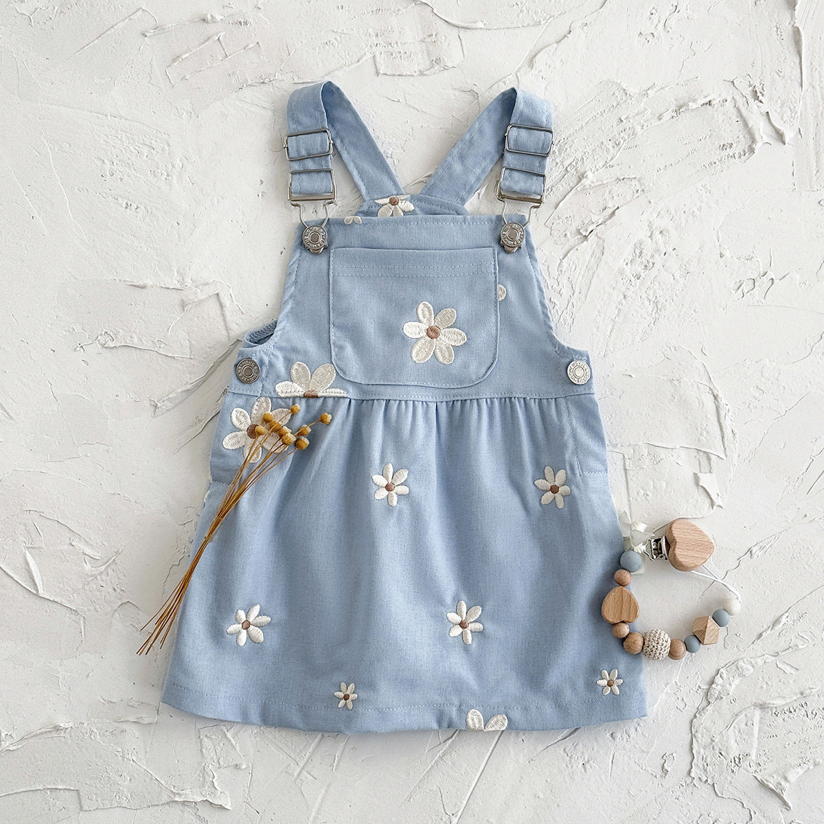 Cute Floral Embroidered Suspender Blue Princess Style Loose Children's Dress