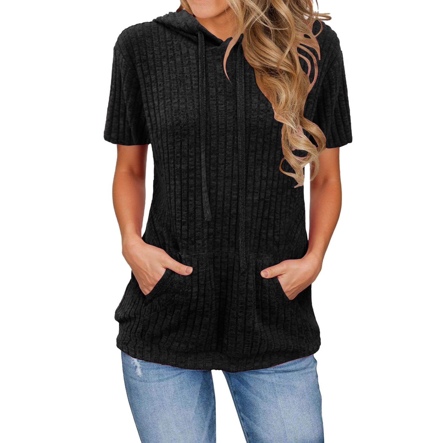 Women's Sunken Stripe Pocket Hooded Vacation Short-sleeved Women's T-shirt