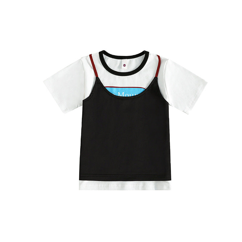Children's Clothing Contrast Color Shoulder Strap Fake Children's T-shirt