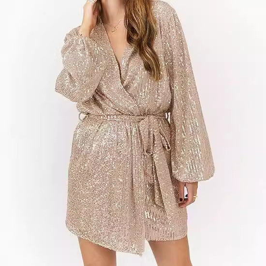 Women's Sequined Mini Slim Dress Collar Long-sleeved Bubble Sleeve Glitter Wrap-around Skirt